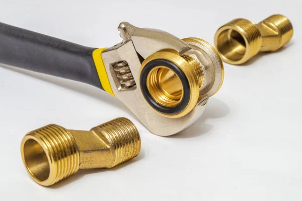 Set Brass Fittings Tool Often Used Connect Water Gas Installations — Stock Photo, Image