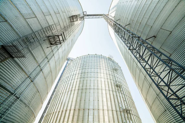 Enormt, silver, glänsande jordbruks silos. — Stockfoto