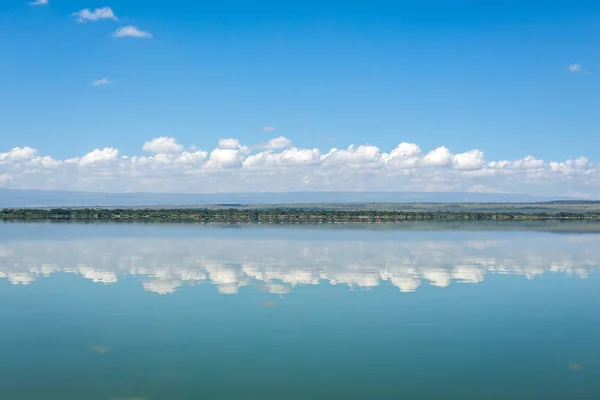 Fliegende Flamingos inmitten des elmenteita-Sees, Kenia — Stockfoto