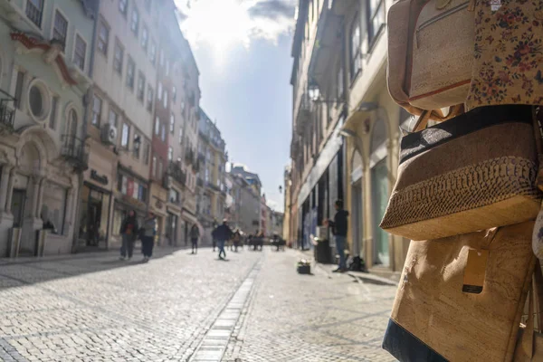 Street in Coimbra with cork bags from souvenir shop — Stock Photo, Image