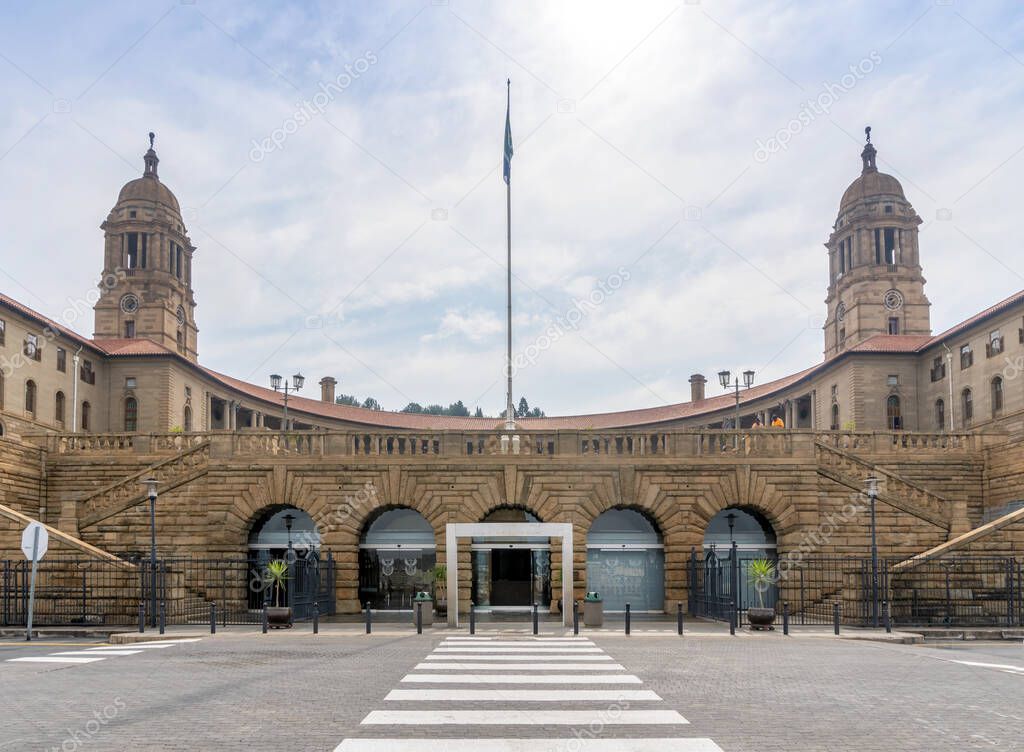 Zebra leading to secure entrance to Union Buildings in Pretoria, capital city of South Africa