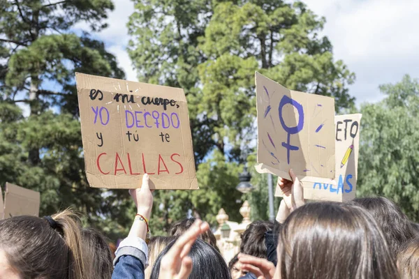 Valencia Kadınlar Günü Için Feminist Gösteride Afiş Pankart Diyor Vücudumda — Stok fotoğraf