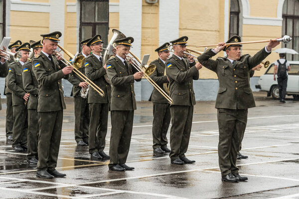 KYIV, UKRAINE, May 26, 2017; Military musicians take part in the celebrations dedicated to the end of the academic year in the Kiev military lyceum of Ivan Bohun.