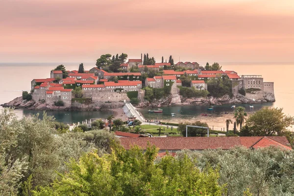 Gyönyörű Kilátás Nyílik Sziget Resort Szent István Sveti Stefan Naplemente — Stock Fotó