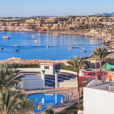 Kızıl Deniz kıyısında palmiye ağaçları olan güneşli tatil köyü plajı, Sharm El Sheikh, Mısır.