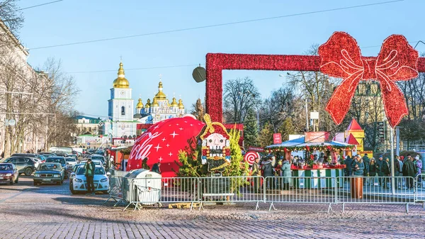 Kiev Ucrania Enero 2020 Fragmento Del Mercado Navideño Alrededor Del — Foto de Stock