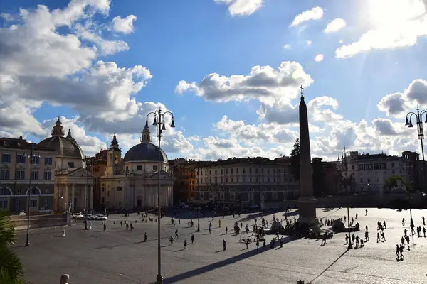 Piazza Del Popolo Con Obelisco Flaminio Basilica Santa Maria Montesanto —  Fotos de Stock