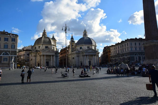 Piazza Del Popolo Com Obelisco Flaminio Basílica Santa Maria Montesanto — Fotografia de Stock