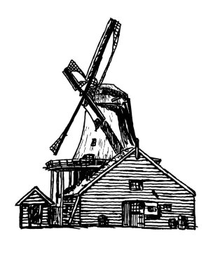 Hollanda 'daki Kinderijk yel değirmeni parkındaki yel değirmenlerinin doğal ve detaylı çizimi 