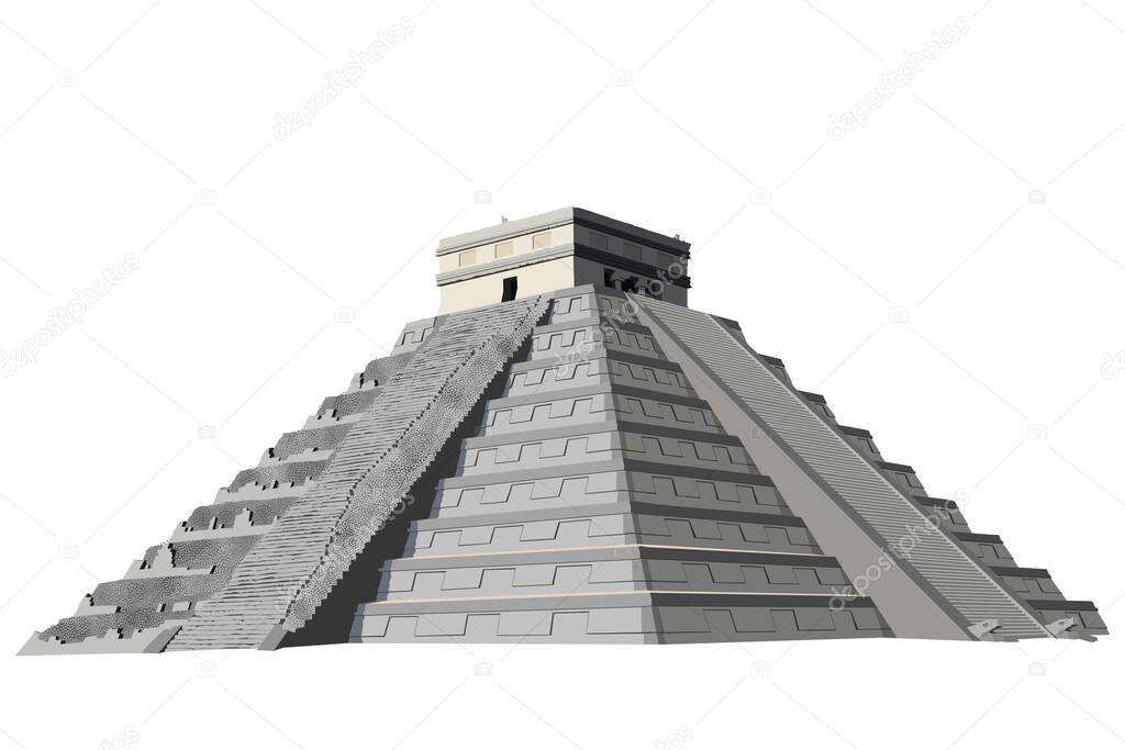 Detailed and naturalistic vector graphic of the Chichen Itza Pyramid on the Yucatan Peninsula, Mexico, Central America