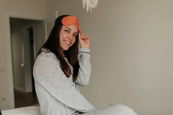 Smiling Charming Girl Weak Home His Modern White Room Wearing — Stok Foto
