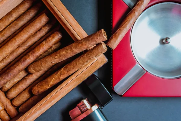 Blick Auf Zigarren Humidor Und Aschenbecher — Stockfoto