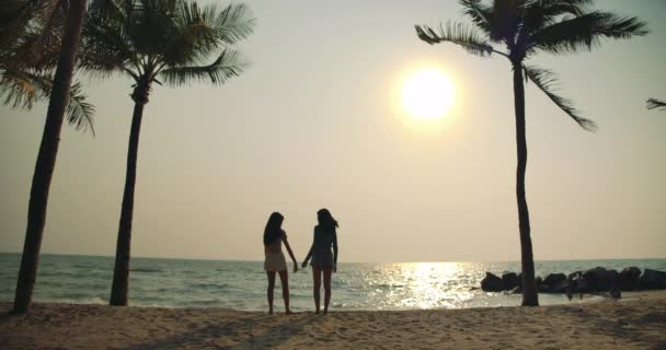 スローモーション 笑顔の若い女性の友人が一緒にビーチで笑って受け入れる生活を楽しんで アジアの女性旅行者のライフスタイルの魅力的なグループ Uhdフッテージ映画 — ストック動画