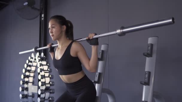 Woman with heavy barbell squat exercise in fitness gym healthy lifestyle muscle builder, Athletic sport woman training endurance strong focus legs workout. Slow motion cinematic, Arc shot — Stock Footage Woman Heavy Barbell Squat Exercise Fitness Gym Healthy Lifestyle Muscle Stock Footage