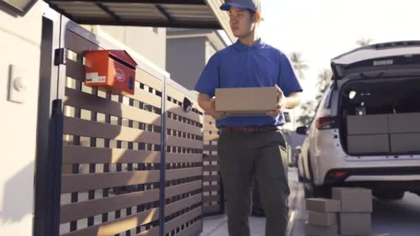 Delivery Man Sending Parcel Postal Package Order Comes Customer Front — Stock Video