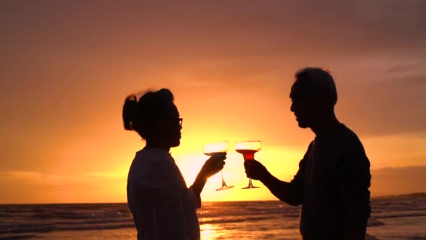 Silhouetteアジアのカップルシニア退職者ビーチでリラックスし ワインやシャンパンを飲みます 一緒に幸せな人々のライフスタイルで夕日の新婚旅行の家族で抱擁 スローモーション映像 — ストック動画