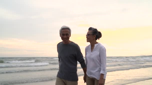 Pareja Asiática Anciano Jubilarse Descansando Relajarse Cogido Mano Caminando Atardecer — Vídeo de stock