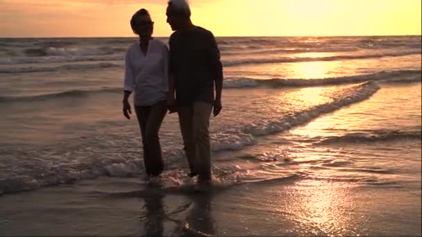 亚洲一对老年夫妇退休休息放松手牵手在夕阳下散步海滩度蜜月一家人幸福的生活方式 慢镜头 — 图库视频影像