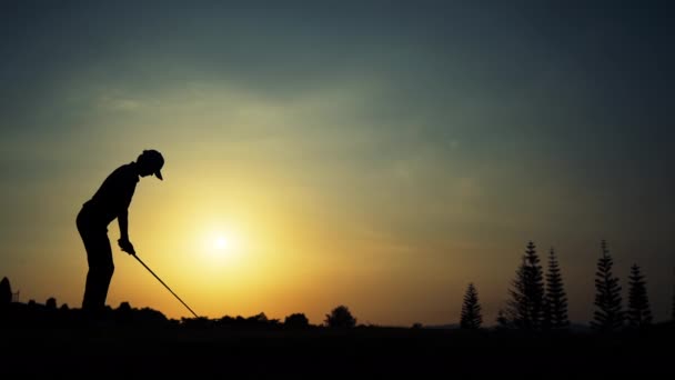 Silhouette Golfing Męski Zawodnik Uderzenie Kierowcy Strzelił Par3 Dołka Jednym — Wideo stockowe