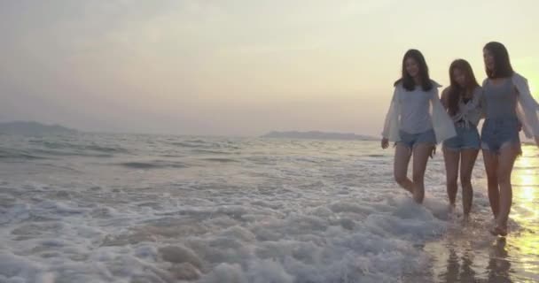 Mosolygó Boldog Ázsiai Barátok Csoport Fiatal Nők Együtt Sétálnak Tengerparton — Stock videók