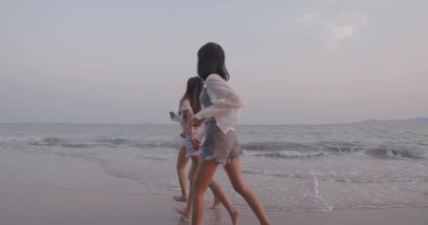 Glimlachen Gelukkig Aziatische Vrienden Vrouwen Samen Lopen Zee Strand Zomer — Stockvideo