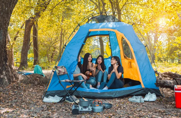 Friends Group Young Asian Women Camping Resting Forest Playing Ukulele — Stock Photo, Image
