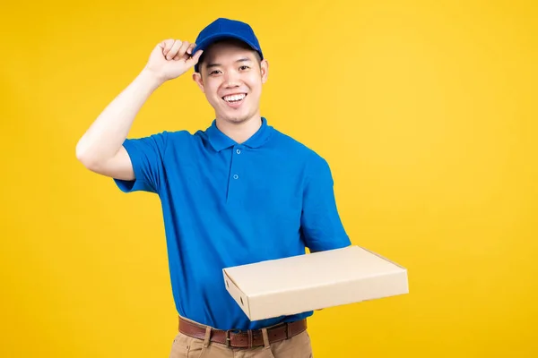 Entrega Expresa Pizzaman Asiático Macho Mostrando Caja Deliciosa Entrega Rápida — Foto de Stock