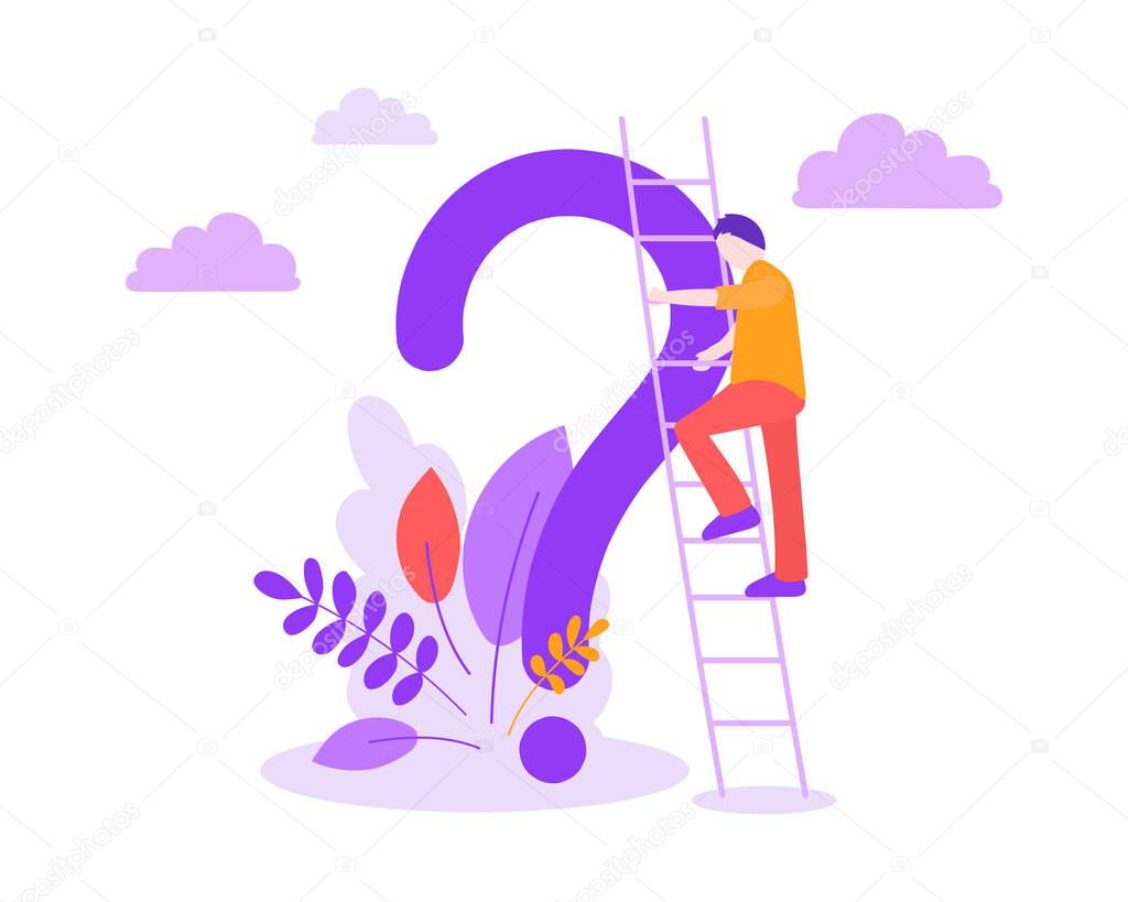A concrete illustration depicting the search for answers to a question.Flat women and men with ladder, book, laptop and plants on white isolated background.