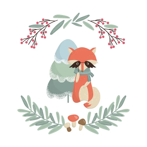 Noel kartı ile şirin tilki, Noel ağacı ve mantarlar.
