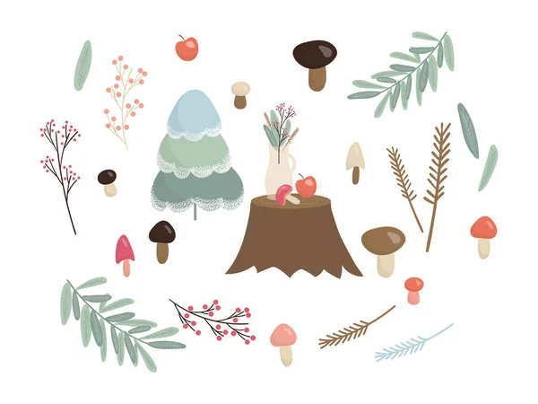 Набор элементов зимнего леса. Коллекция рождественских элементов для поздравительных открыток . Стоковый вектор