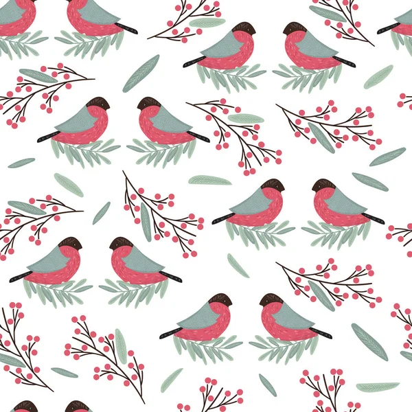 Рождественский узор с бульфиками. Бесшовный рисунок с птицами, листьями и рябинами . Векторная Графика