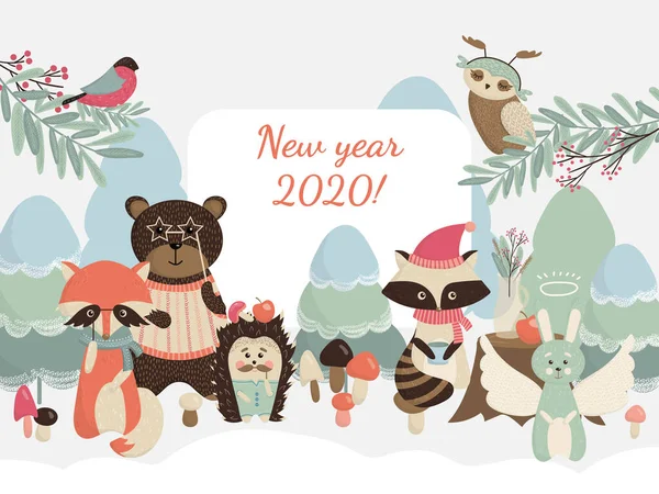 Новогодняя открытка с животными зимнего леса . Стоковая Иллюстрация