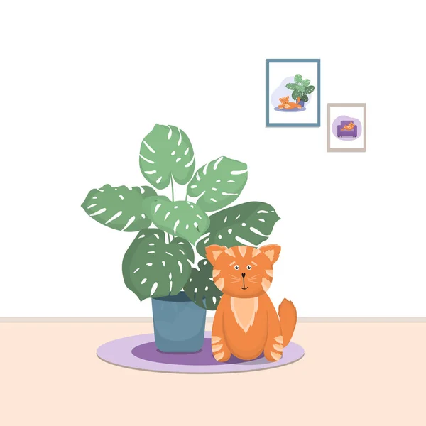 Kedi ve canavar iç mekanda. Düz vektör illüstrasyonu.