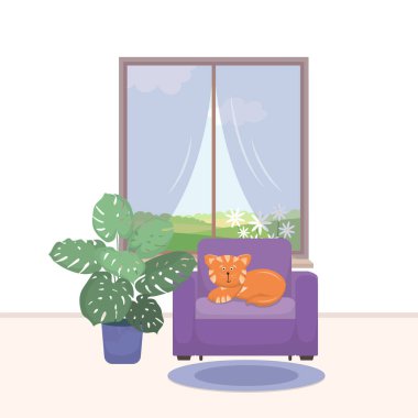 Koltukta, pencerede ve canavarda vektör iç kedi.