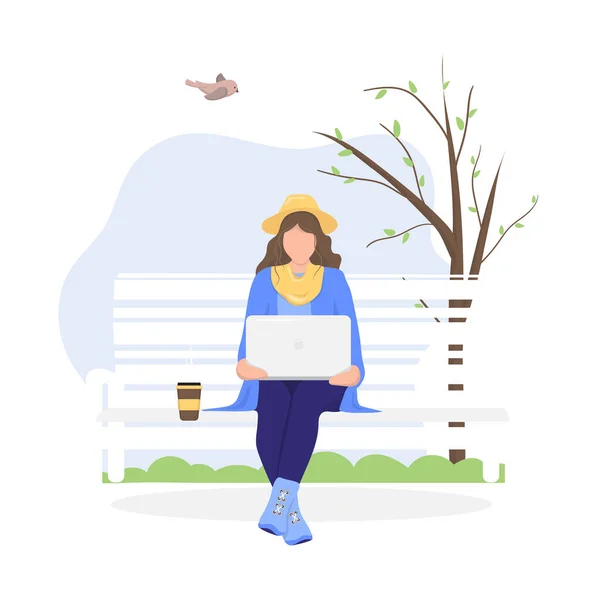 Donna con computer portatile seduto sulla panchina in natura e foglie. Illustrazione di concetto per freelance, lavoro, studio, istruzione, lavoro da casa, stile di vita sano. Illustrazione vettoriale in stile piatto . — Vettoriale Stock