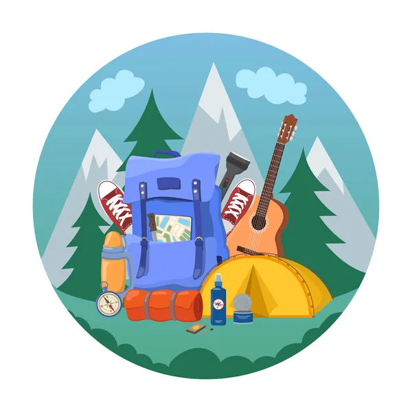 Hiking and outdoor recreation concept with flat camping travel icons vector illustration.