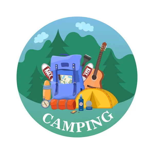 Hiking and outdoor recreation concept with flat camping travel icons vector illustration.