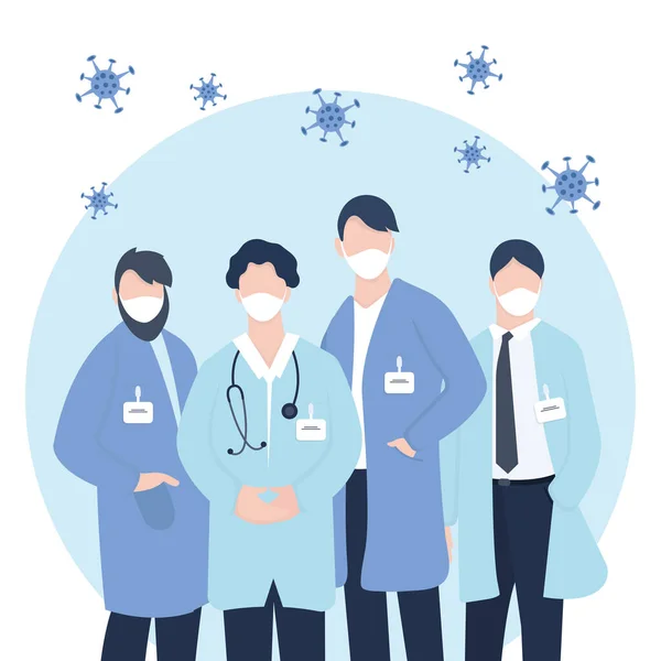 Tıbbi maske takan doktorlar. Coronavirus salgını konsepti. Düz biçimli vektör illüstrasyonu.
