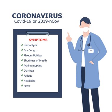Coronavirus COVID-19 önleme. Doktor Infographic 'i açıklar, yüz maskesi takar, ellerini yıkar, sıcak yiyecekler yer ve risk almaktan kaçınır. Vektör çizimi. Coronavirüs salgını ve önleme fikirleri.