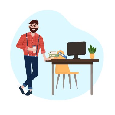 Ofis hipster tezgahtarı ve kahve. Düz bir şekilde vektör illüstrasyonu.