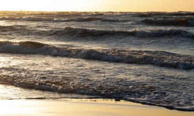 Riga Körfezi sahilinde akşam yürüyüşü. Güçlü rüzgar, dalgalar, tuzlu deniz havası. Gün batımı. 