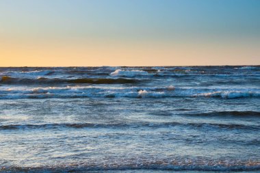 Riga Körfezi sahilinde akşam yürüyüşü. Güçlü rüzgar, dalgalar, tuzlu deniz havası. Gün batımı. 