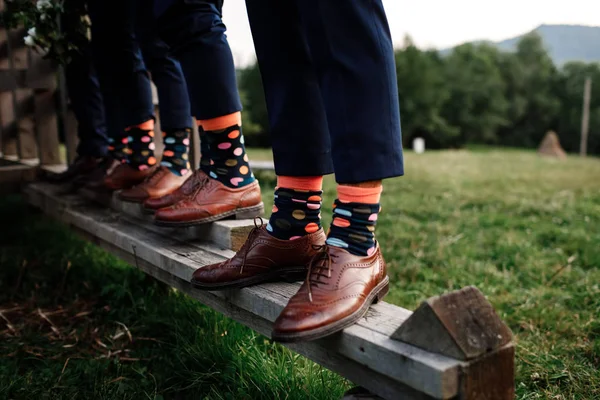 Şık erkek çorapları. Şık bavul, erkek bacağı, renkli çoraplar ve yeni ayakkabılar. Tarz, moda, güzellik ve tatil kavramı — Stok fotoğraf