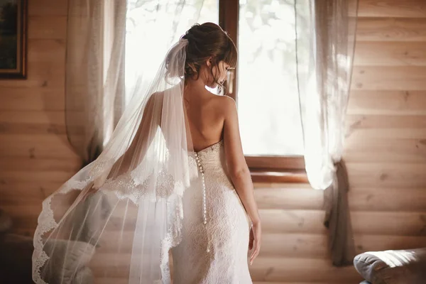 ドレスを着た美しい花嫁が彼女をカメラに戻したファッションベールと美しい花嫁。ウェディングドレスでの公開花嫁. — ストック写真