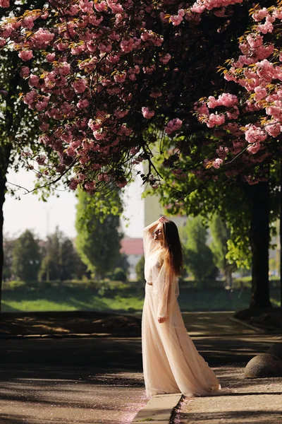 Flicka bland körsbärsblommorna. flicka vandrar runt i staden på våren bland blommande träd — Stockfoto