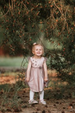 Küçük tatlı kız güneşli bir bahar gününde ağaç altında koni ile eğlen.