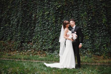 Düğün gününde gelin ve damat ilkbahar yeşili doğada dışarıda yürüyor. Gelin çifti, Yeşil Park 'ta kucaklaşan mutlu yeni evli kadın ve erkek. Dışarıda sevgili bir çift var. Gelin ve damat