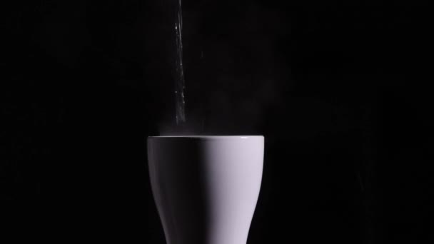 Hot Boiled Water Poured White Ceramic Cup Mug Black Background — Stock Video