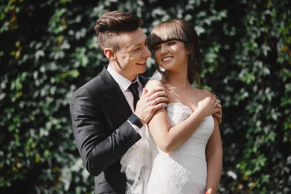 Casal de casamento sorrindo incrível. Bonita noiva e noivo elegante. noivo e noiva posando na parede da frente com hera verde — Fotografia de Stock