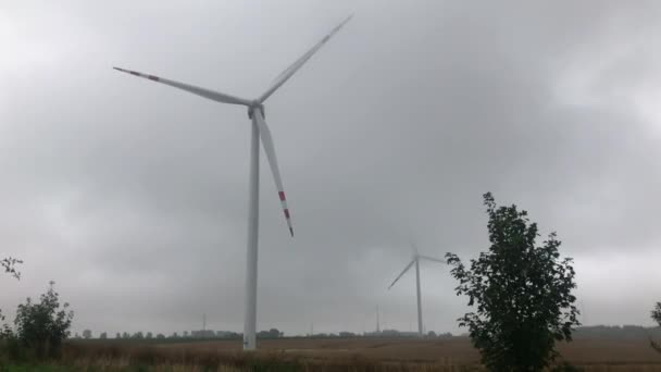 Wind power turbin on cloudy sky background. Windmill turbine generating clean renewable energy in agricultural field landscape. Wind energy station. Ecology and nature conservation — Stock Video